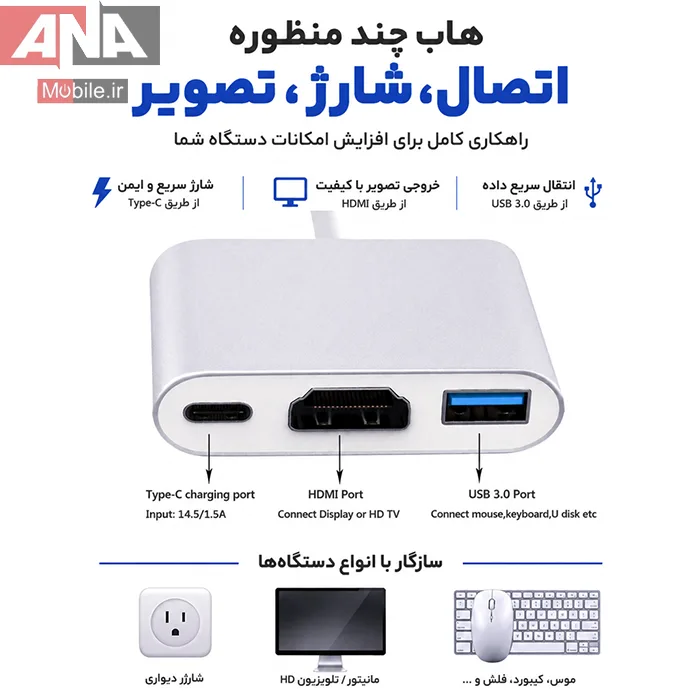 مبدل 3کاره USB 3.1 Type C to HDTV HDMI + USB 3.03 