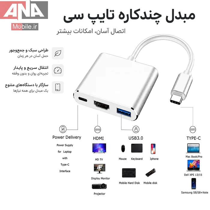 مبدل 3کاره USB 3.1 Type C to HDTV HDMI + USB 3.03 