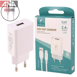شارژر ديواري 12 وات + کابل تايپ سي اسکاي دلفين مدل Sky Dolphin SC36T