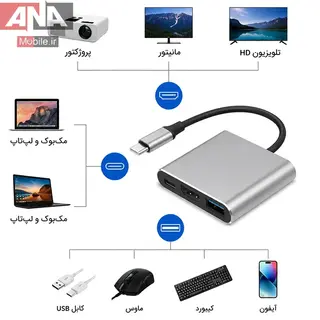 مبدل 3کاره USB 3.1 Type C to HDTV HDMI + USB 3.03 