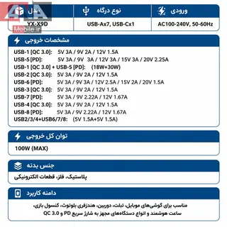 هاب شارژر و تستر هوشمند 8 پورت روميزي وايرلس‌دار 100وات ياکسون مدل YAXUN YX-X9D